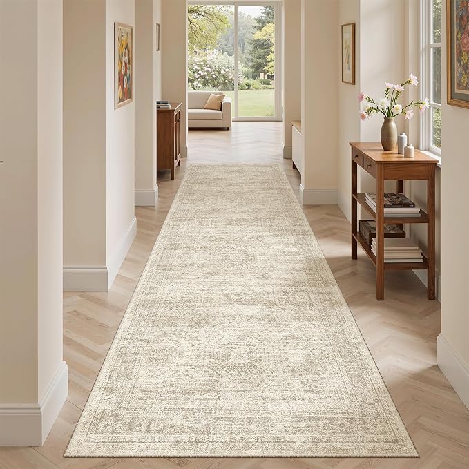 Soalmost Washable Runner Rug, 2'6" x 8' Non-Slip Kitchen Vintage Foldable Hallway Runners for Entryway, Laundry, Bedroom, Beige