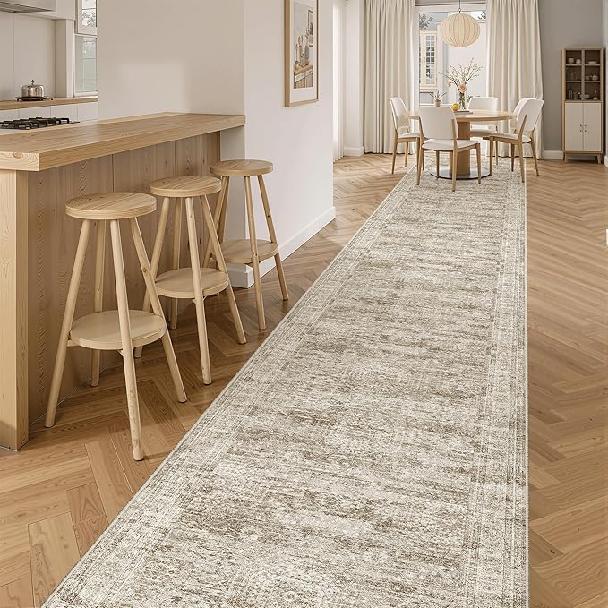Soalmost Runner Rug 2'6" x 16' Washable Non-Slip 2.5x16 ft Long Runner Rugs for Kitchen Bathroom Laundry Room Vintage Ultra Thin Runners for Hallway Entryway Brown