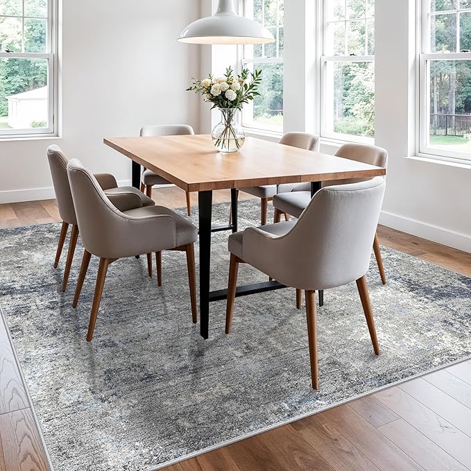 8x8 ft Square Living Room Rug – Washable Modern Neutral Abstract Area Rug for Bedroom, Dining Room, Kitchen – Non-Slip Soft Low-Pile Indoor Floor Carpet (Blue Grey,8x8)