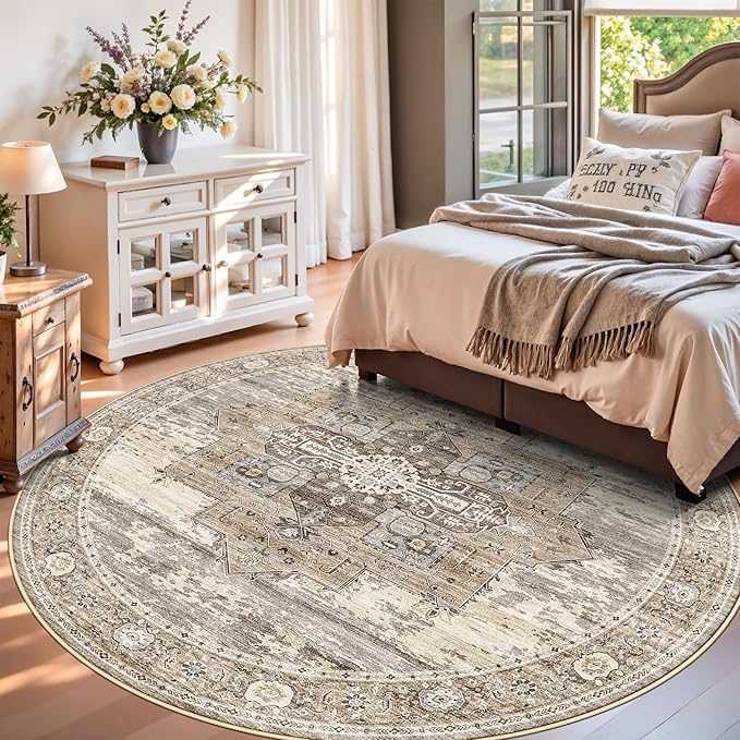 RUUGME 8ft Round Area Rug - Washable Vintage Round Area Rugs for Living Room Bedroom Ultra Soft Decoration Carpets with Non Slip Backing Stain Resistant Floor Mat for Bathroom 8ft Beige