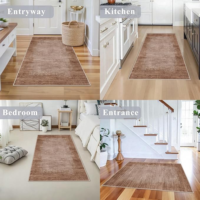 3x4 Washable Entryway Area Rug – Non-Slip Modern Abstract Small Area Rug for Kitchen, Bedroom, Bathroom – Soft Low-Pile Thin Indoor Door Mat (Warm Taupe,3x4)
