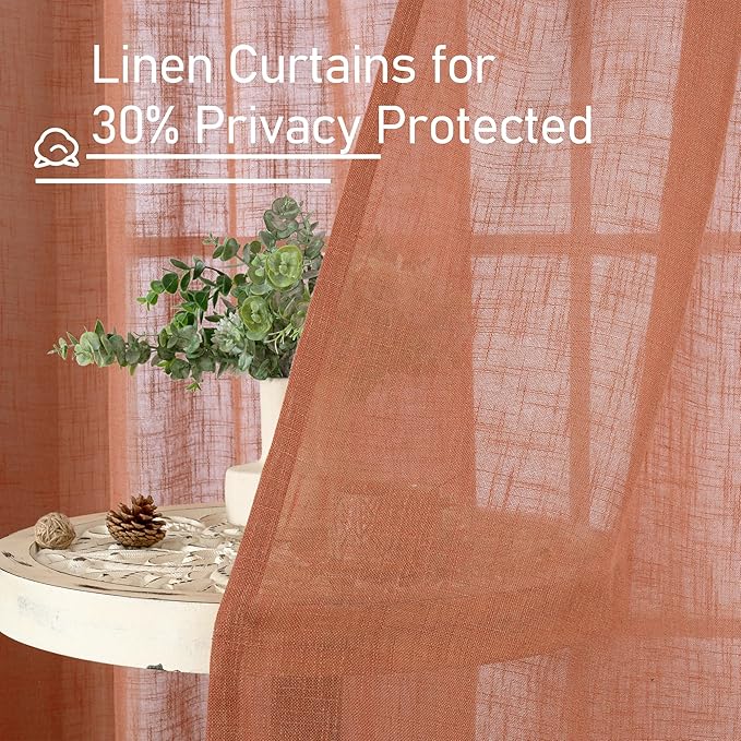 LAMIT Terracotta Linen Curtains for Living Room 108 inch Length 2 Panels, Light Filtering Semi Sheer Panels Back Tab and Rod Pocket Fall Panels for Bedroom/Sliding Glass Door, 52 x 108 Inch