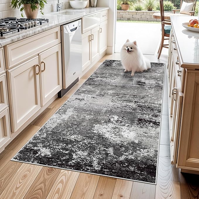 4x6 Washable Non-Slip Area Rug – Modern Abstract Neutral Small Carpet for Indoor Entryway, Kitchen, Bedroom, Living Room, Office – Low-Pile Thin Throw Rugs (Black Grey,4x6)