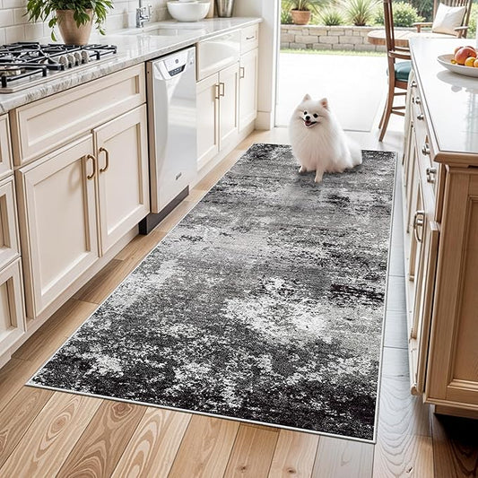 4x6 Washable Non-Slip Area Rug – Modern Abstract Neutral Small Carpet for Indoor Entryway, Kitchen, Bedroom, Living Room, Office – Low-Pile Thin Throw Rugs (Black Grey,4x6)
