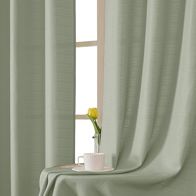 Chyhomenyc Light Green Curtains 72 Inch Length 2 Panels Set, Faux Linen Textured Semi Sheer Light Filtering Soft Airy Privacy Farmhouse Curtain Drapes for Living Room Bedroom, 40 Wx72 L Inches