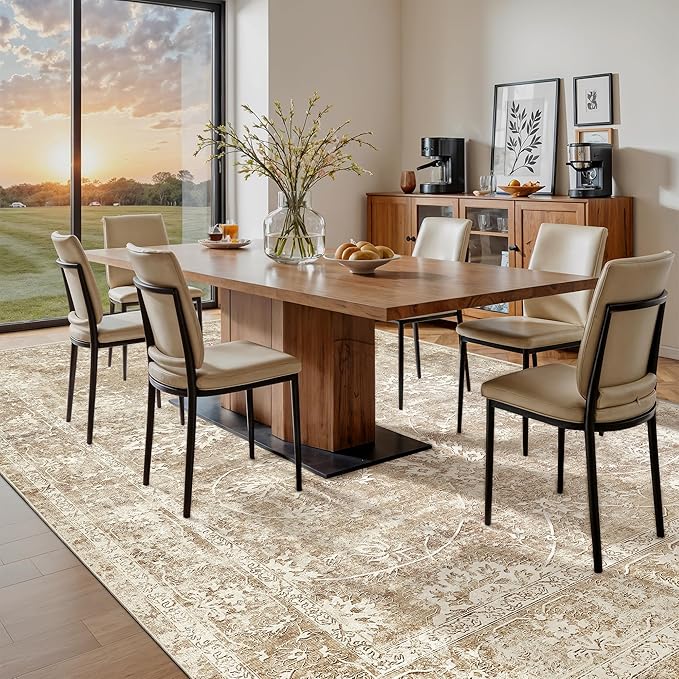 Madane 8x10 Area Rugs for Living Room, Machine Washable Vintage Neutral Rug with Non-Slip Backing, Soft Large Throw Rug, Thin Carpet for Bedroom Dining Room Farmhouse (8 x 10, Beige/Brown)
