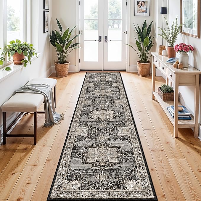 Washable Hallway Runner Rug 2x10 - Stain Resistant Kitchen Rugs with Non Slip Backing Soft Low Pile Carpet for Bedroom Laundry Entryway Ultra-Thin Vintage Home Decor Floor Mat for Bathroom 2X10 Black