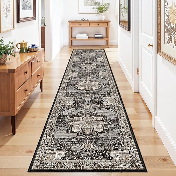 Washable Hallway Runner Rug 2x10 - Stain Resistant Kitchen Rugs with Non Slip Backing Soft Low Pile Carpet for Bedroom Laundry Entryway Ultra-Thin Vintage Home Decor Floor Mat for Bathroom 2X10 Black