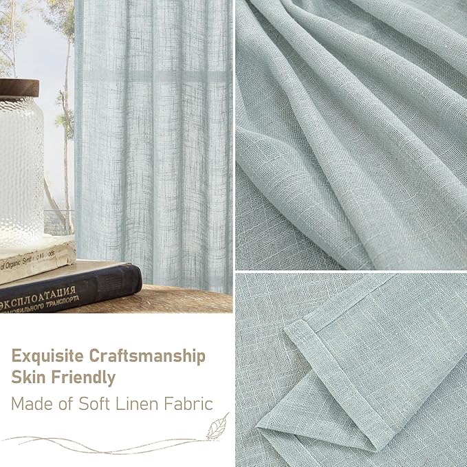 LAMIT Living Room Linen Curtains - 90 Inch, Back Tab & Rod Pocket, Light Filtering, Burlap Textured Sheer Curtains for Farmhouse, 2 Panels, 52 x 90 Inch, Greyish Blue