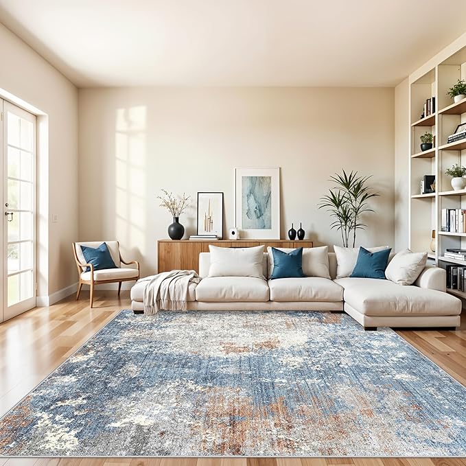 10x10 ft Square Living Room Rug – Washable Modern Abstract Area Rug for Bedroom, Dining Room, Playroom – Neutral Non-Slip Low-Pile Thin Indoor Carpet (Blue Rust,10x10)