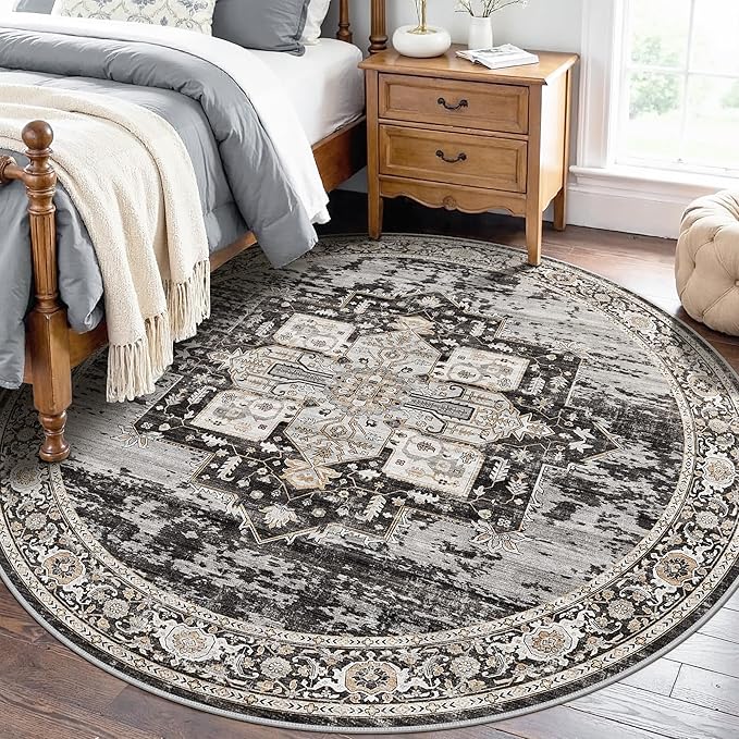 RUUGME Washable 7 Round Rug - Large Rugs for Living Room Soft Stain Resistant Carpet for Bedroom Kitchen Dining Room Vintage Non Slip Home Decor Floor Mat 7round Black