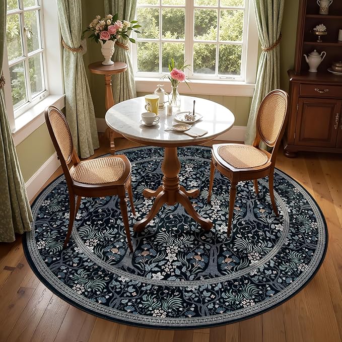 Joydeco Washable Round Area Rug for Living Room, Soft Round Rugs 6ft Non Slip with Rubber Backing, Vintage Large Circle Carpet for Bedroom Kitchen Nursery, Black-Blue Floral Décor