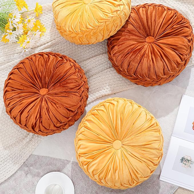Drydiet 4 Pcs Round Throw Velvet Pillows Decorative Pleated Throw Pillows 15'' Diameter Accent Pumpkin Boho Chair Cushion for Couch Sofa Home Decoration (Burnt Orange,Yellow)