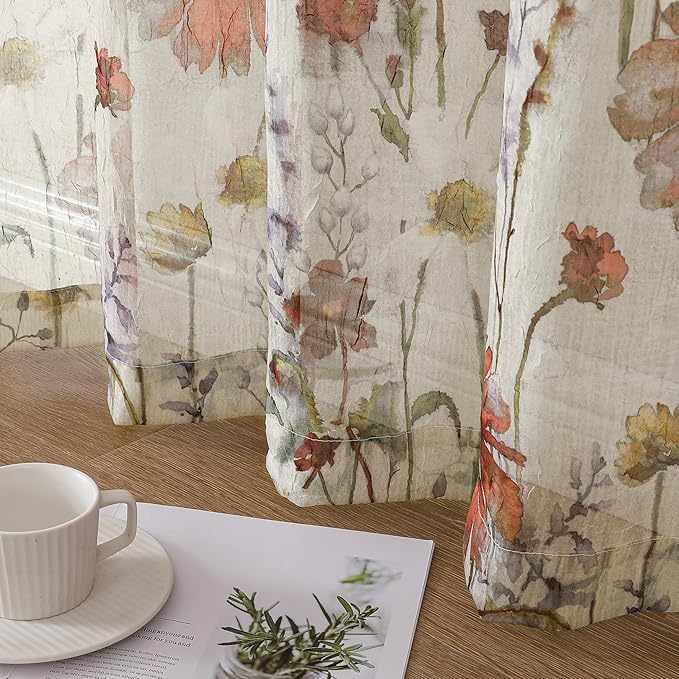 OWENIE Crushed Sheer Kitchen Cafe Curtains Tiers 24 Inch Length 2 Panels, Printed Design Small Window Half Curtains for Bathroom Bedroom Cupboard Living Room, Short Light Filtering Curtain, 42"x24"