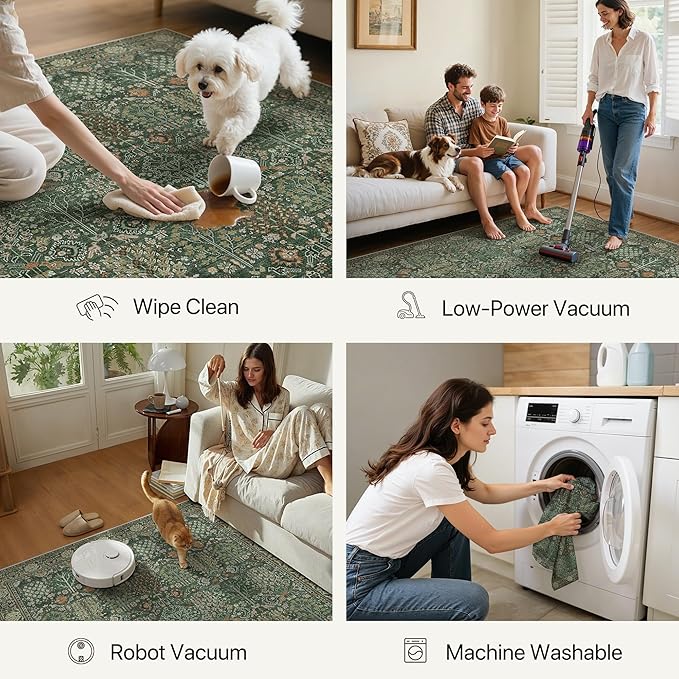 Bavni Washable Rugs 8x10-Machine Washable Rug Lightweight Low Pile, Vintage Floral Rug Non-Shedding Distressed Throw Carpet for Living Room Bedroom Office, Forest Green