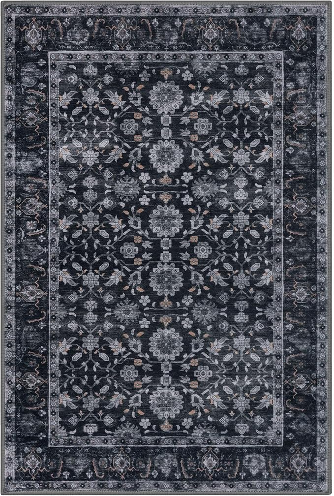KUTA Vintage Floral Entryway Rug 2x3, Kitchen Rugs Non-Slip Washable Throw Rug, Black Grey Orange Ultra Thin Soft Print Front Door Mat Indoor Doormat for Entrance, Bedside, or Small Spaces