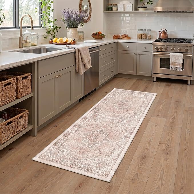 GENIMO Runner Rug for Hallways Machine Washable, 2x5 Non Slip Boho Vintage Lightweight Washable Runners, Thin Floor Rugs for Entryway Hallway Bathroom Laundry Room Corridor, Pink