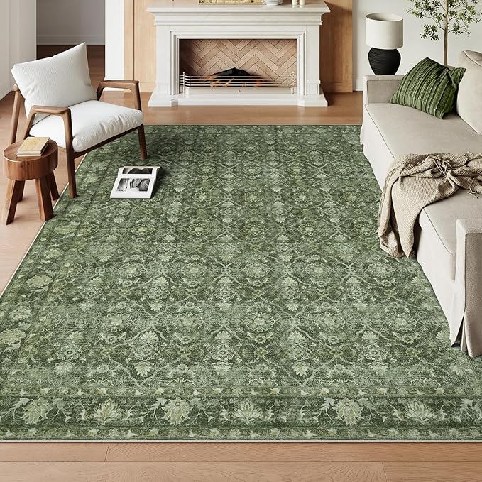 Hedlive Green Washable Area Rugs 8x10 for Living Room, Vintage Moroccan Bedroom Rug Non Slip with Ruber Backing, Stain Resistant Large Carpet for Dining Office Home Apartment (Olive 8x10 Ft)