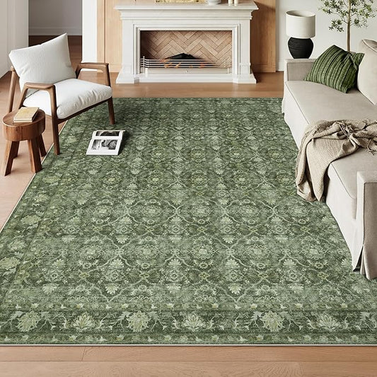 Hedlive Green Washable Area Rugs 8x10 for Living Room, Vintage Moroccan Bedroom Rug Non Slip with Ruber Backing, Stain Resistant Large Carpet for Dining Office Home Apartment (Olive 8x10 Ft)