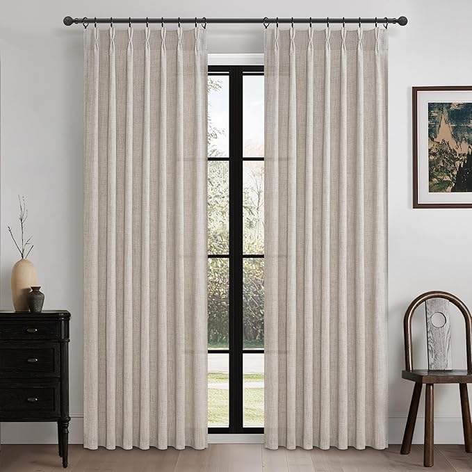 Semi Sheer Natural Linen Greyish Brown Curtains 86 Inches Long 2 Panels Set for Dining Room, Memory Trained Pinch Pleated Light Filtering Privacy Non See Through 84-86 Inch Textured Windows Drapes
