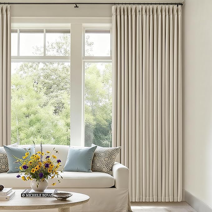 112 Inch Linen Blackout Curtains 112 Inches Long for Bedroom Neutral Boho Pinch Pleated 100% Black Out Room Darkening Sound Dampening Window Drapes Double Layer Soundproof 112 Inch Curtains Oatmeal