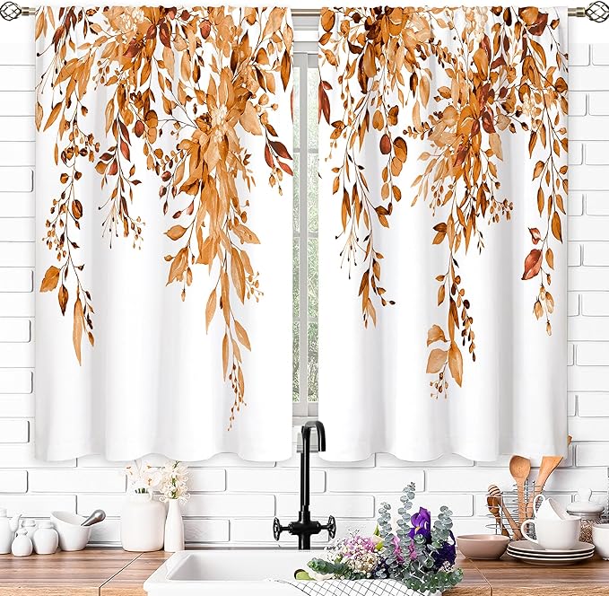 Orange Eucalyptus Botanical Leaves Floral Kitchen Window Curtains Over Sink Farmhouse Flower Fall Small Window Treatment Cafe Short Curtains for Bathroom Treatment Tier Drapes 27.5x39 inch