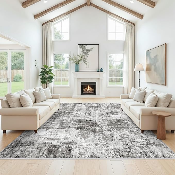 12x12ft Square Living Room Rug – Non-Slip Washable Extra Large Floor Carpet for Bedroom, Dining Room, Playroom Room – Modern Abstract Neutral Thin Low-Pile Big Indoor Rug (Grey)