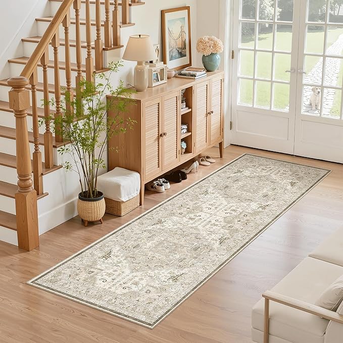 Madane Hallway Runner Rug - 2x5 Rug Runner Washable Runner Rugs Non-Slip Low-Pile Kitchen Runner Rug Laundry Room Rug Throw Carpet for Entrance Bedroom Living Room (2'x5', Ivory/Brown)