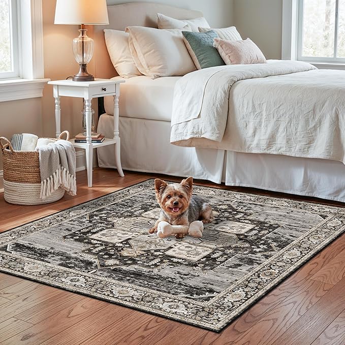 RUUGME Decorative 4x4 Rugs Square - Soft Area Rugs for Living Room Stain Resistant Vintage Ultra Thin Rugs for Bedroom Kitchen entryway with Non Slip Backing Home Decor 4x4 Black