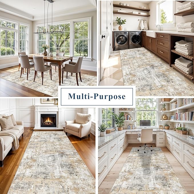 4x12 Wide Hallway Runner Rug – Non-Slip Washable Rubber-Backed Large Carpet Runner for Kitchen, Entryway, Bathroom, Modern Abstract Low-Pile Thin Floor Mat for Living Room, Dining Room (Gold/Grey)