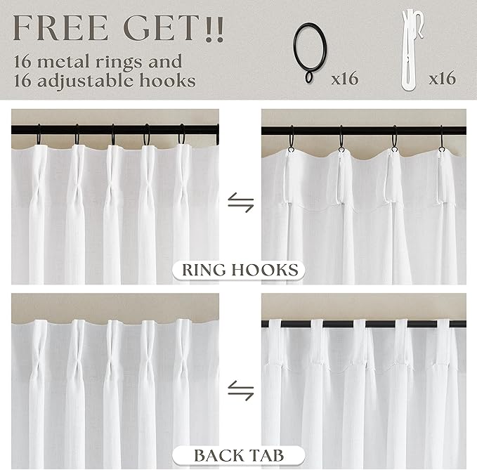 White Linen Kitchen Window Curtains 2 Panels Pinch Pleated Linen Cafe Curtains 24 Inch Length Light Filtering Semi Sheer Boho Snow White Short Tier Drapes for Small Window Basement Bathroom RV