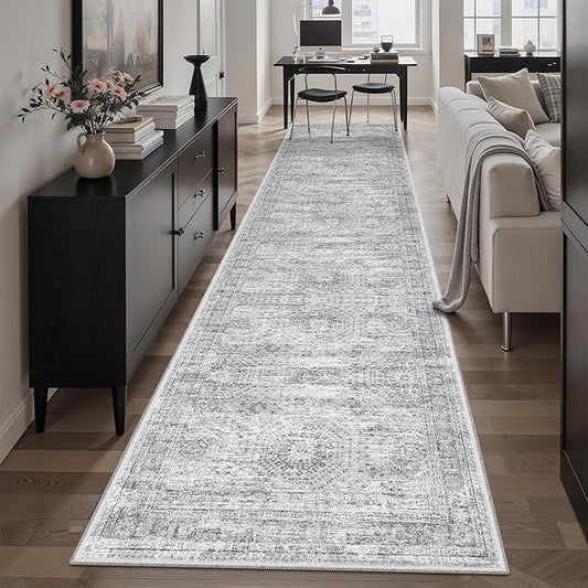 Soalmost Runner Rug 2'6" x 10' Washable Non-Slip Runner Rugs for Kitchen Bathroom Laundry Room Vintage Ultra Thin Runners for Hallway Entryway Grey
