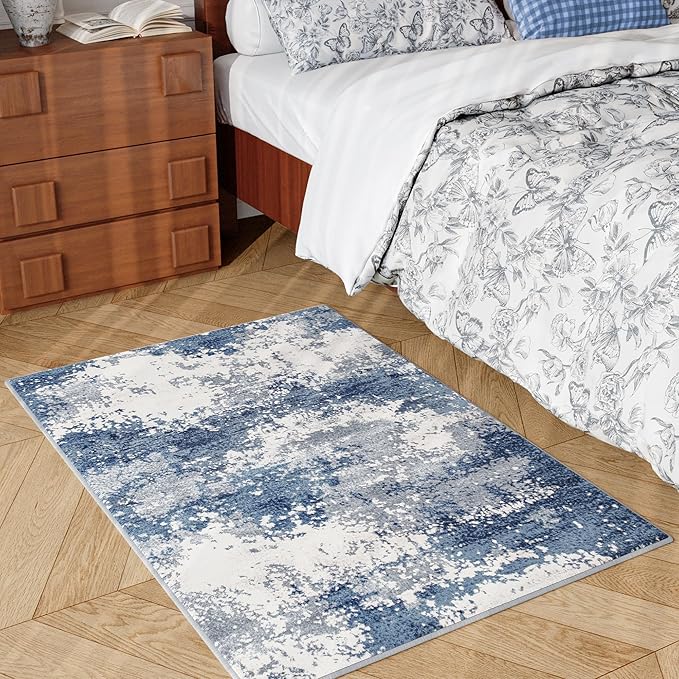 Entryway Rug 2x3 Blue Door Mat Indoor Entrance 24x36, Washable Small Throw Rugs for Kitchen Floor, Entry, Front Door, Bedroom Bedside, Non-Slip Low Pile Stain & Fade Resistant, Abstract Navy