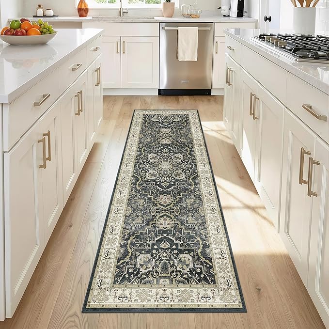 2x6 Washable Kitchen Runner Rug, Non Slip Vintage Runner Rugs for Hallway, Ultra-Thin Low Pile Distressed Kitchen Rugs Non Skid, Machine Washable Laundry Entryway Indoor Carpet,Black
