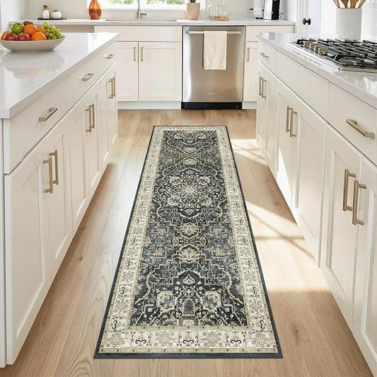 2x6 Washable Kitchen Runner Rug, Non Slip Vintage Runner Rugs for Hallway, Ultra-Thin Low Pile Distressed Kitchen Rugs Non Skid, Machine Washable Laundry Entryway Indoor Carpet,Black