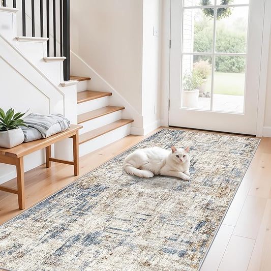 3x8 Washable Non-Slip Runner Rug – Modern Abstract Neutral Wide Carpet Runner for Kitchen, Hallway, Entryway, Bathroom, Bedroom – Low-Pile Thin Floor Mat with Rubber Backing (Blue Brown)