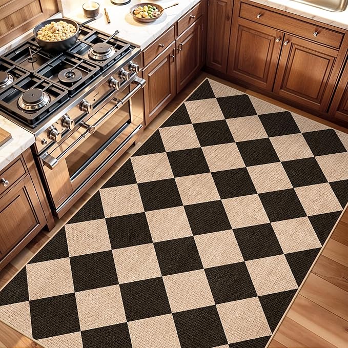 Checkered 3x5 No Shed Jute Rug: Machine Washable Non Slip Rugs Entryway Front Porch Kitchen - Door Mat Area Rug Farmhouse Neutral Non Shedding - Carpet for Bedroom Living Room (Black/Brown,3x5)