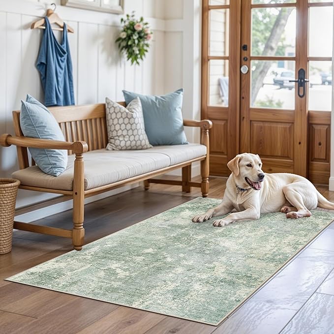 3x4 Washable Entryway Area Rug – Non-Slip Modern Abstract Small Area Rug for Kitchen, Bedroom, Bathroom – Soft Low-Pile Thin Indoor Door Mat (Sage Green,3x4)