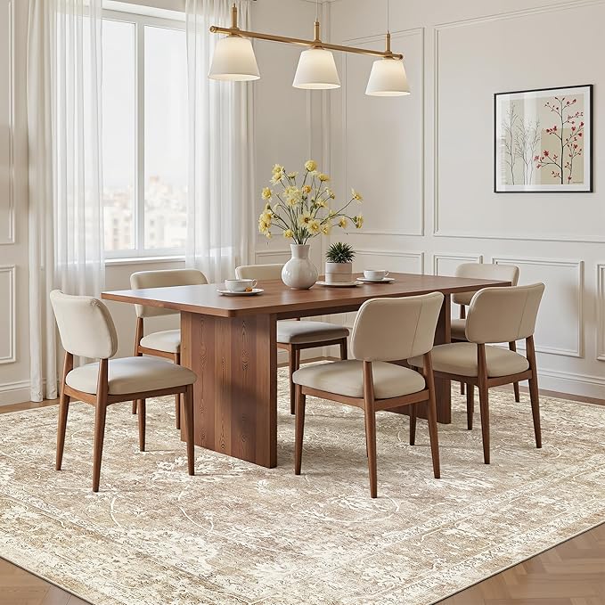 Madane Washable 6x9 Area Rugs for Living Room, Vintage Neutral Rug with Non-Slip Backing, Soft Stain Resistant Throw Rugs Thin Carpet for Bedroom Dining Room Farmhouse (6 x 9, Beige/Brown)