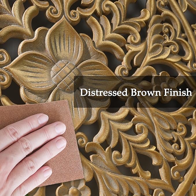 XIAOAIKA Boho Carved Wood Wall Sculpture, Intricate Floral Mandala Design with Distressed Gold Finish, Vintage Farmhouse Wall Art Panel with Solid Wood Frame for Bedroom Entryway (22" x 22")