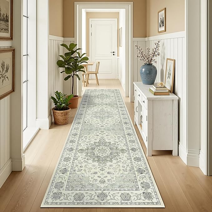 3x10 Non Slip Hallway Runner Rug - Washable Vintage Distressed Kitchen Carpet, Ultra-Thin Soft Low Pile Entryway Mat with Rubber Backing for Bedroom Living Room (Green)
