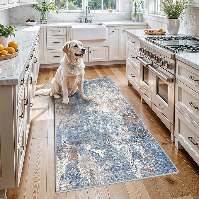 3x4 Washable Entryway Rug – Non-Slip Modern Abstract Small Area Rug for Kitchen, Bedroom, Bathroom – Soft Low-Pile Thin Indoor Door Mat（Blue Rust，3x4）