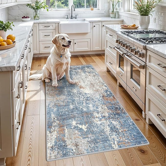 3x5 Washable Kitchen Rug – Non-Slip Rubber Backed Small Area Rug for Entryway, Bedroom, Living Room, Office – Soft Low-Pile Thin Modern Abstract Neutral Door Mat （Blue Rust,3x5）
