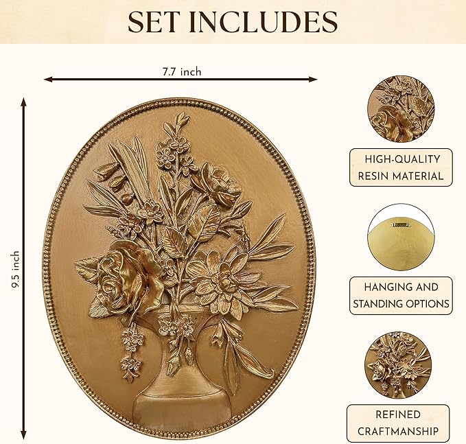 97 Decor Vintage Wall Sculptures For Living Room - Gold Vintage Wall Decor, Ornate Oval Hangings Antique Pediment Brass Floral Walls Art Gallery For Home Kitchen Bedroom Decorations