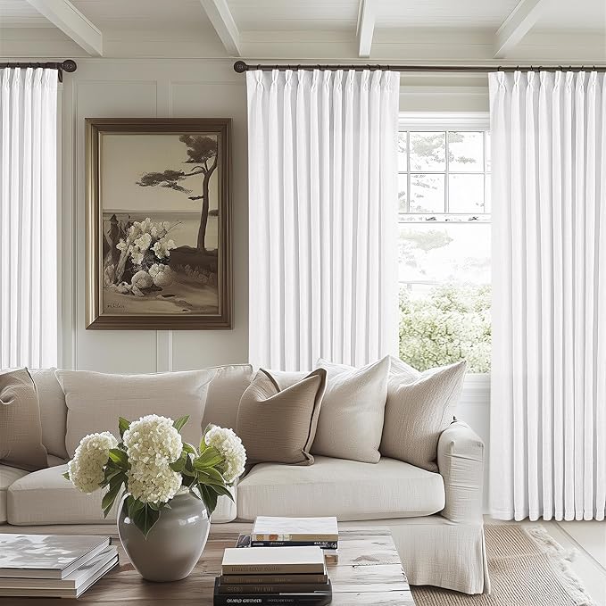 TWODRAPES Extra Wide 108 Inch Long Curtains 70 Inch Wide Pinch Pleat Linen Curtains for Living Room Bedroom Light Filtering Privacy Pleated Drapes Hooks Rings Back Tab for Sliding Door White 1 Panel