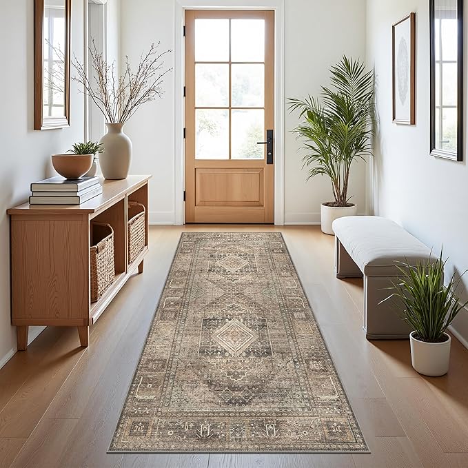 GENIMO Runner Rug for Hallways Machine Washable, 2x7 Non Slip Boho Vintage Lightweight Washable Runners, Thin Floor Rugs for Entryway Hallway Bathroom Laundry Room Corridor, Rustic Tan