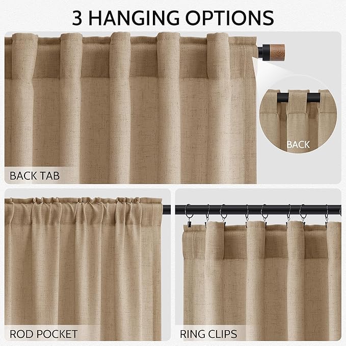 Nanspring Sand Beige Curtains 120 Inches Long for Living Room Linen Textured Simple Modern Semi Sheer Curtains Back Tab Floor to Ceiling Lightweight Curtain for Bedroom Office 52x120, 2 Panels