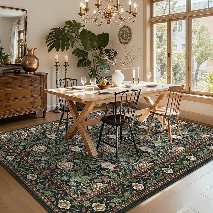 GarveeHome Area Rugs 8x10 for Living Room, Forest Green Floral Large Washable Rug Soft Non Slip Carpet Indoor Thin Accent Rug for Bedroom Dining Room Playroom Nursery Home Decor