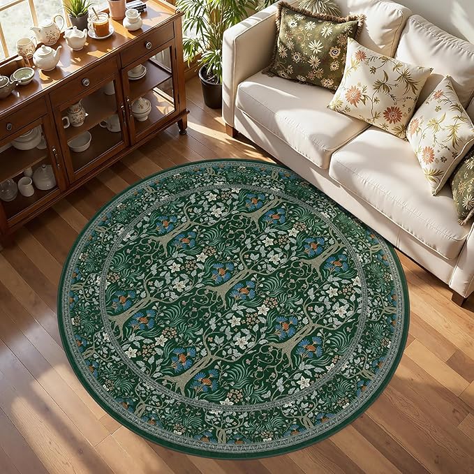 Joydeco Washable Round Area Rug for Living Room Bedroom, Soft Round Rugs 5ft Ultra-Thin Non-Slip, Vintage Throw Circle Carpet for Bathroom Kitchen Nursery,Dark Green Floral Décor