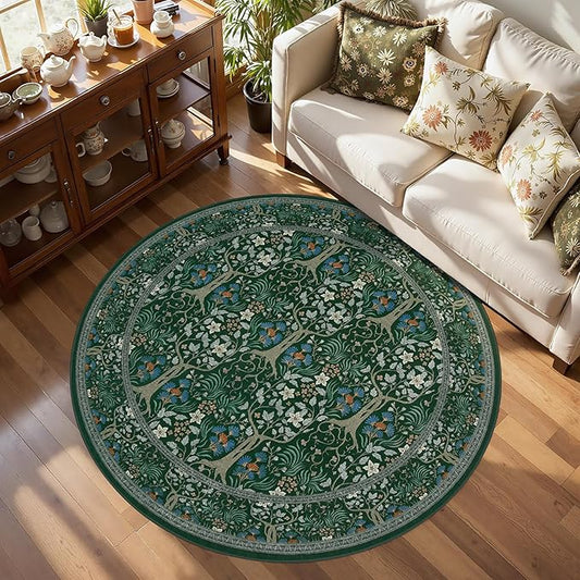 Joydeco Washable Round Area Rug for Living Room Bedroom, Soft Round Rugs 5ft Ultra-Thin Non-Slip, Vintage Throw Circle Carpet for Bathroom Kitchen Nursery,Dark Green Floral Décor